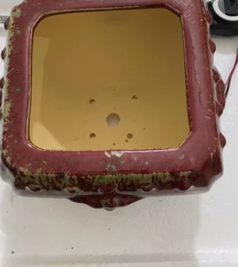 石湾盆 四面兽头窑变红釉四方，全新未使用闲...