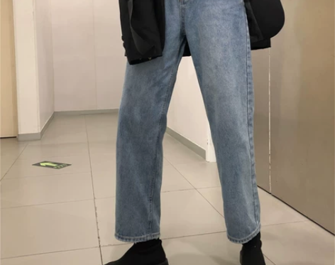 牛仔裤女韩版ins复古做旧蓝色直筒长裤高腰...