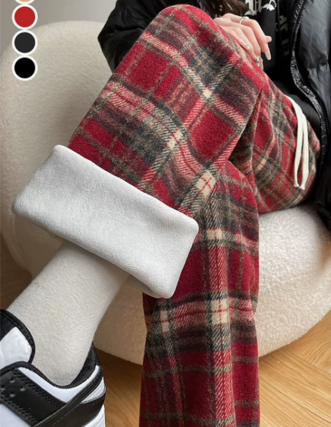 红色加绒格子裤女秋冬季2022年新款高腰垂...