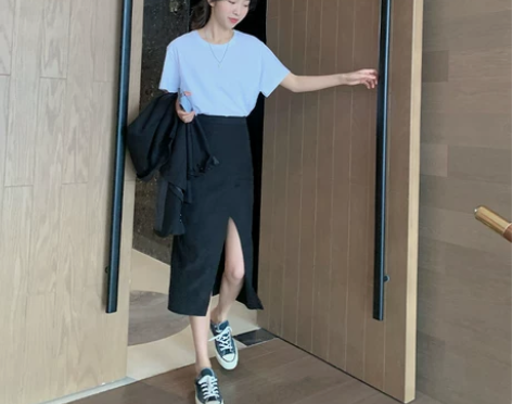 郭九九呢开叉半身裙女夏2022春装中长款不...