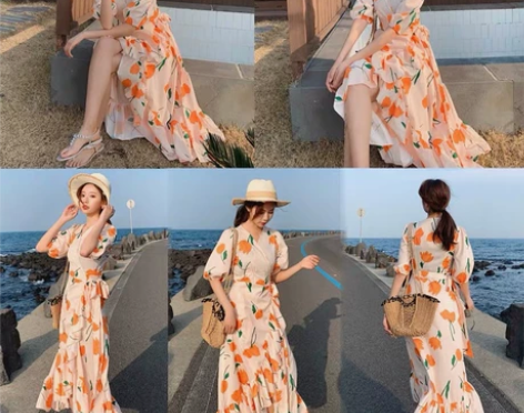 郁金香海边度假裙子长裙高腰系带荷叶裙，买来...