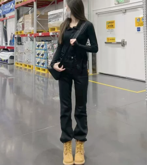 窄版加绒黑色牛仔裤女美式裤子高街美潮欧美v...