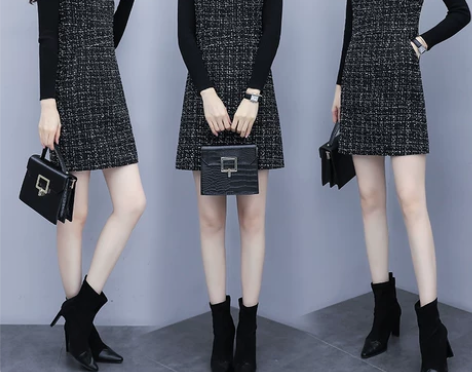 春秋裙子两件套洋气背心裙收腰显瘦毛呢背带裙...