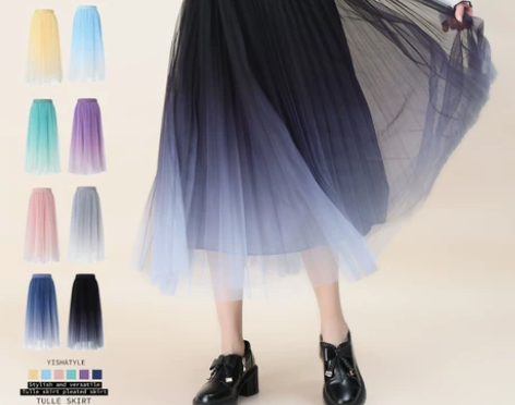 渐变百褶裙网纱半身裙新款纱裙高腰显瘦垂感仙...