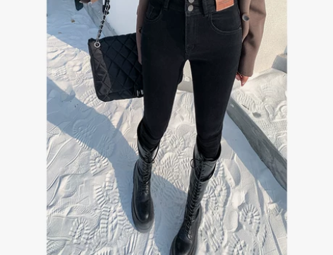 黑色高腰加绒牛仔裤女2022年秋冬新款显瘦...