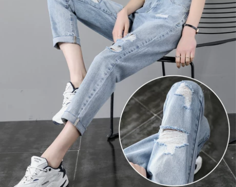 破洞牛仔裤女春装2022年新款高腰夏季薄款哈伦萝卜老爹直筒女...