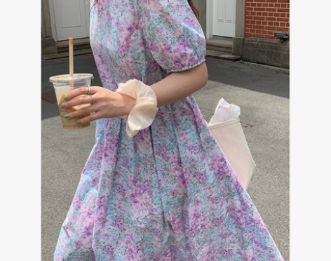 米花家 薰衣草紫花花连衣裙修身显瘦桔梗裙子...