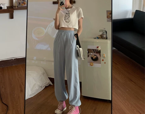 大码抽绳束脚裤女胖妹妹mm宽松垂感直筒阔腿...