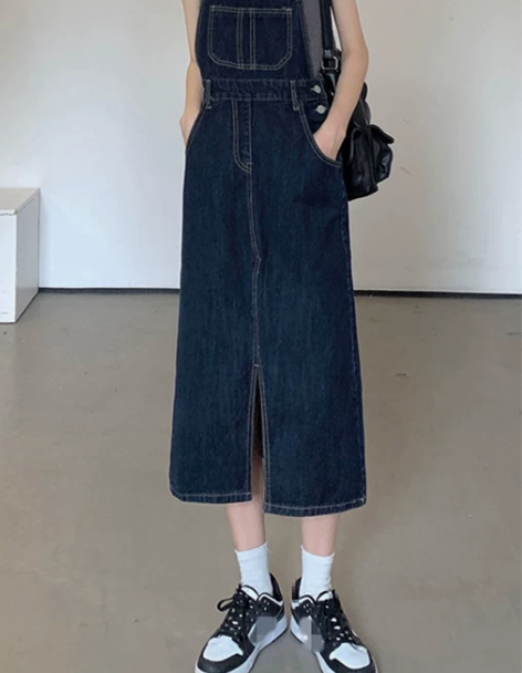 牛仔背带裙复古开叉设计感小众牛仔裙女202...