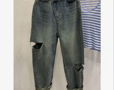 哈伦大码垂感老爹裤破洞牛仔裤女春夏高腰宽松...