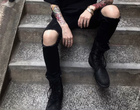 杨一帆潮牌 韩版ins超火牛仔裤男 一字破...