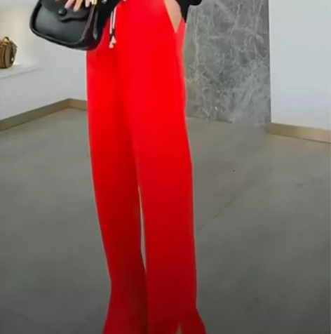 新年喜庆红色雪尼尔灯芯绒开叉加绒阔腿裤 很...