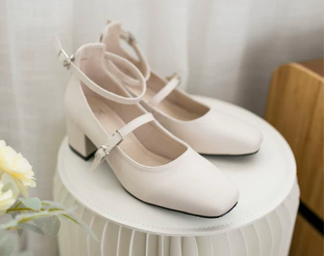 ocean one 方头双扣带复古粗跟中跟...