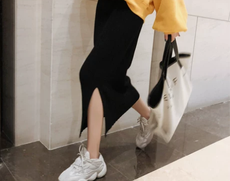 针织半身裙高腰中长款A字裙黑色系带长裙包臀...