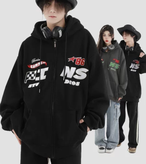 国潮牌情侣美式赛车元素LOGO连帽卫衣加绒...