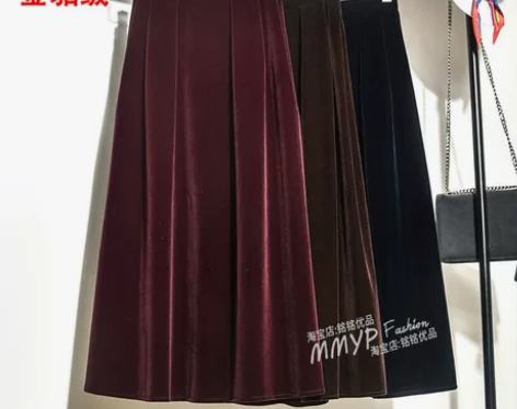 复古黑色丝绒半身裙女秋冬金丝绒伞裙a字裙半...