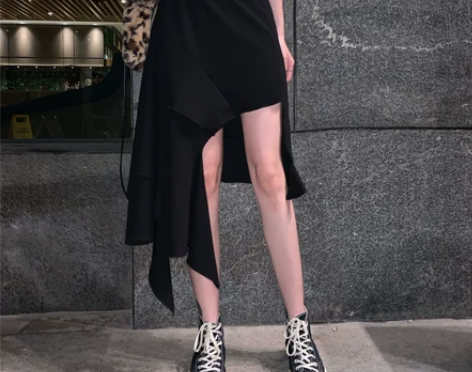 周小熊不规则半身裙女夏中长款高腰荷叶边鱼尾...