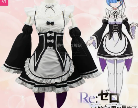 雷姆cos服,服装+蓝假发+白连裤袜+发网...