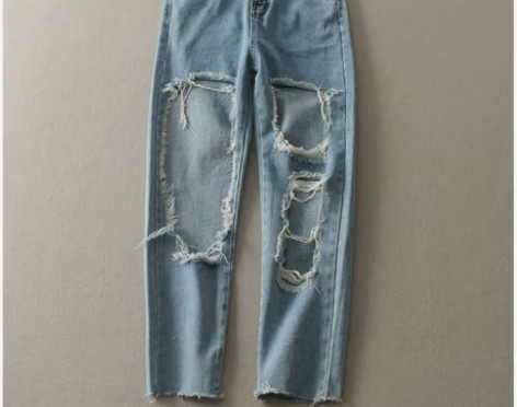 夏季新品修身乞丐裤破洞中腰个性牛仔裤女潮E...