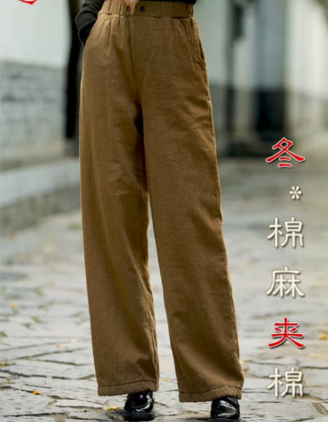 棉麻夹棉保暖显瘦棉裤女休闲直筒裤