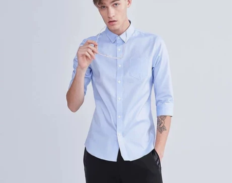 VMEN威曼牛津纺中袖衬衫蓝色男后背字母印...