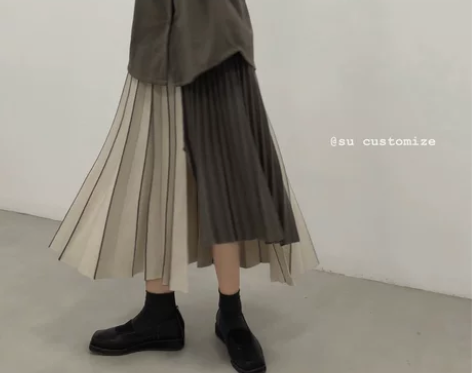 SU秋冬款拼接设计不规则百褶裙半身裙中长款...