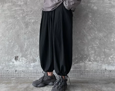 胖子日系坠感灯笼裤男秋冬加大码棉麻束脚阔腿...