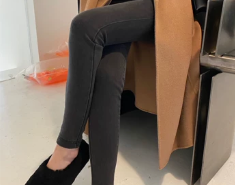 DDZA烟黑色加绒紧身牛仔裤女小个子高腰修...
