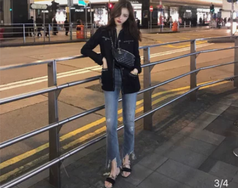 蓝色九分时髦牛仔裤直筒须边破洞牛仔裤女 尺...