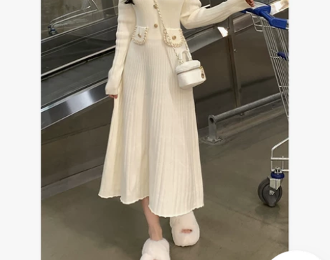 法式小香风长袖针织连衣裙女秋冬季收腰修身气...