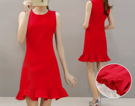 秋季新款韩版修身大码无袖A字红色鱼尾荷叶裙...