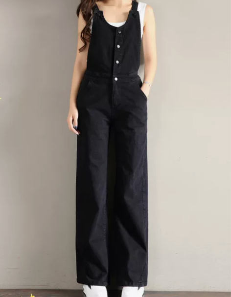 背带牛仔裤 高腰牛仔背带裤微喇叭长裤女吊带...