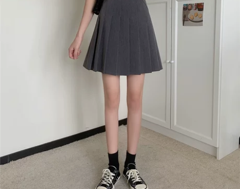 百褶裙女春夏新款a字裙灰色防走光中裙黑色半...
