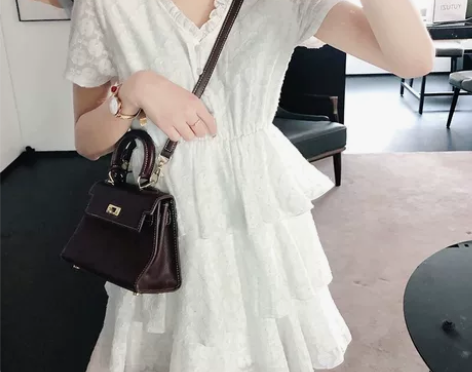 鱼兔子网红蕾丝短袖连衣裙女夏季新款韩版高腰...