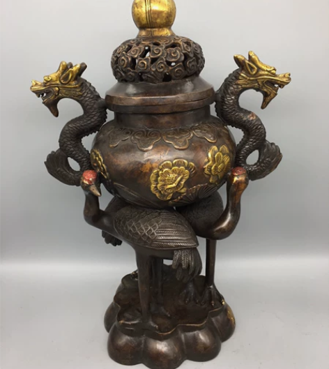 古玩铜器收藏,三鹤鼎龙熏香炉,工艺精湛 ,...
