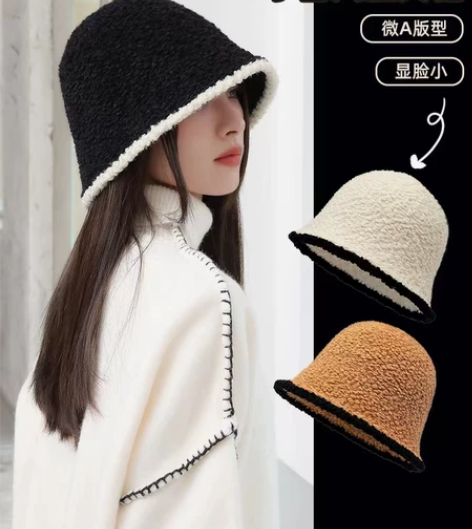 毛绒渔夫帽子女秋冬韩版百搭保暖针织盆帽休闲...