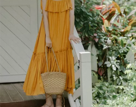 女士吊带裙棉绸连衣裙海边度假沙滩裙长裙过膝...