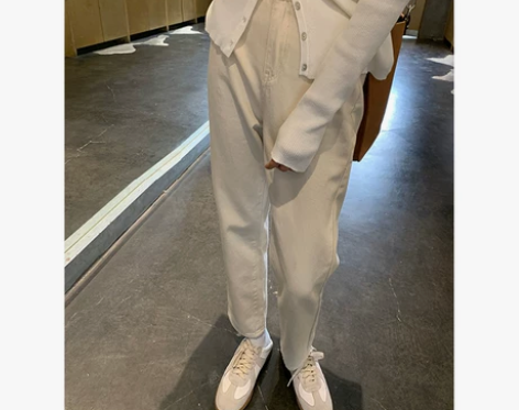 ?A7seven春季复古米白色牛仔裤女直筒...