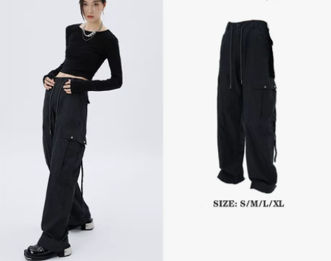 黑色工装裤女夏薄款宽松美式复古小众抽绳高腰...