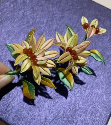 重瓣菊缠花(蕉窗图纸) 渐变蚕丝线,玛瑙珠...