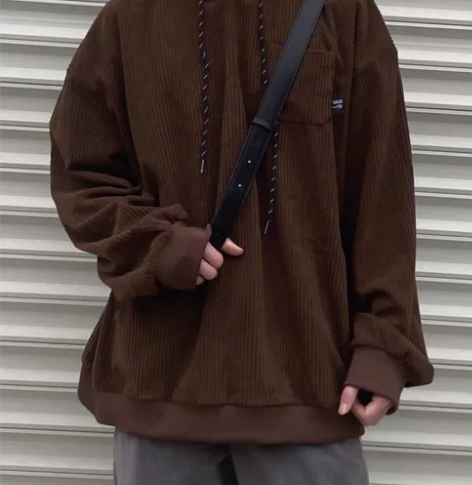 春秋灯芯绒连帽卫衣男套头潮牌ins纯色日系...