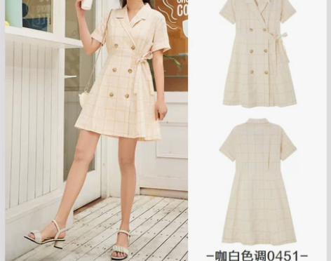 森马连衣裙女清新复古格纹西装式裙子A字裙2...