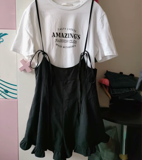 小个子学院风可爱韩版别致背带裤裙 白色T自...