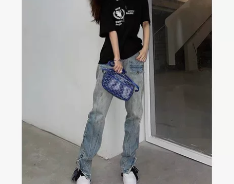 美式高街开叉牛仔裤女潮2022年春夏设计感...