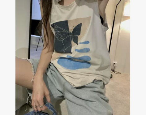 美式复古印花无袖t恤女夏季宽松百搭休闲运动...