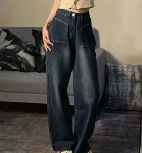 美式复古牛仔裤女生高街ins高腰小个子直筒...