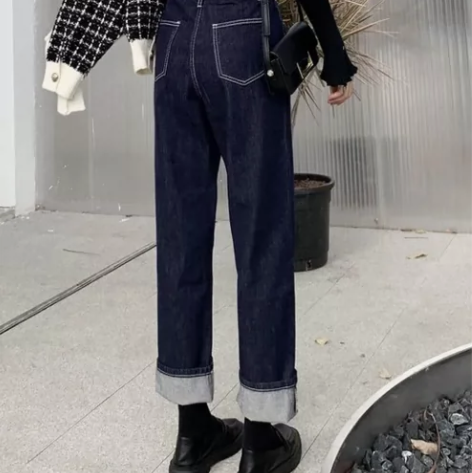 高腰阔腿牛仔裤女春秋新款深蓝色宽松显瘦直筒...