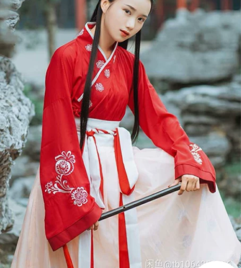 绝版汉裳芳华汉服女红色交领齐腰襦裙魏晋汉服...
