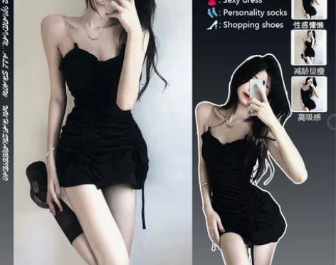 别致抹胸吊带连衣裙女紧身包臀裙抽绳褶皱性感...