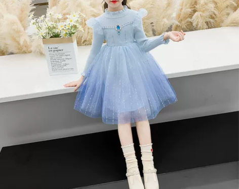 女宝秋季艾莎针织连衣裙网红时髦中大童长袖爱...